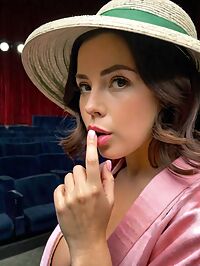 A curvaceous woman in pink kimono and hat stands center stage
