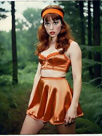 Woman wearing 1970s era attire and auburn hair struts through the twilight forest